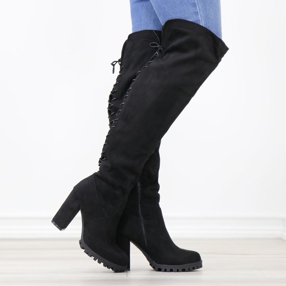 Full Lace-Up Back Black Faux Suede Thigh High Over The Knee Lug Block Heel Boots - Picture 10 of 14